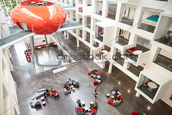 Modernist interior of a university atrium, elevated view