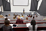 Man lectures students in lecture theatre, back row seat POV