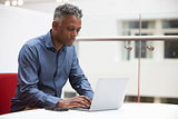 Middle aged black man using laptop in a modern interior
