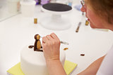 Close Up Of Woman In Bakery Making Monkey Cake Decoration