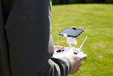 Close Up Of Man Flying Drone Quadcopter In Garden