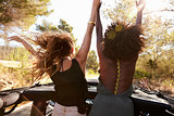 Two excited women stand in the back of open car, back view