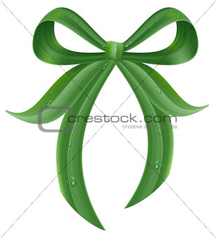 Green grass leaf bow knot with drops of dew