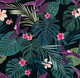 Seamless botanical exotic vector pattern with green palm leaves and hibiscus flowers on dark background.