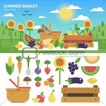 Basket full of fresh fruits and vegetables