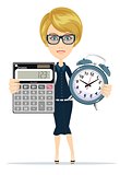 Woman holding an electronic calculator and alarm clock
