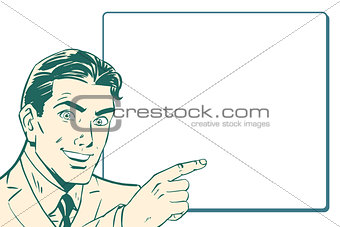 Promo businessman pointing, isolated background