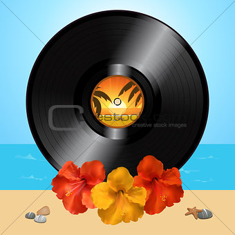 Vinyl record disc and hibiscus on summer background
