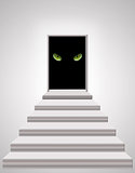 stairs leading to door with cat's eyes in darkness