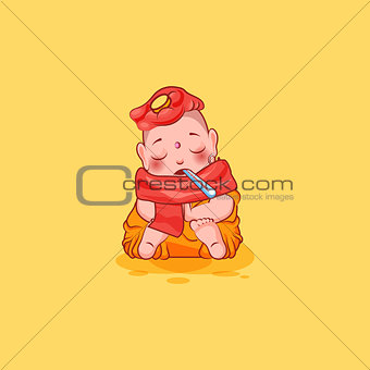 Sticker emoji emoticon emotion vector isolated illustration unhappy character cartoon Buddha sick with thermometer