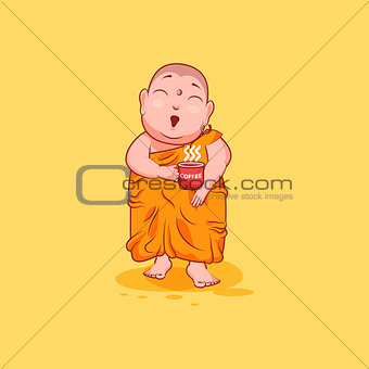 Sticker emoji emoticon emotion vector isolated illustration unhappy character cartoon surprised Buddha with cup of coffee