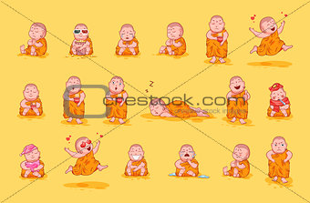 Set kit collection sticker emoji emoticon emotion vector isolated illustration happy character sweet cute little Buddha Buddhist monk