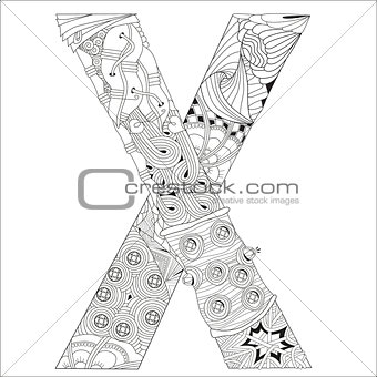 Letter X for coloring. Vector decorative zentangle object