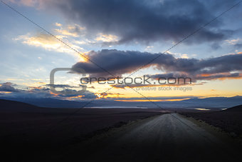 Sunset on altiplano mountains road in sud Lipez reserva, Bolivia