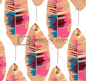 Tropical seamless vector background - banana leaf pattern in fashion, trend color palette. Hand-drawn fantastic multicolor leaves