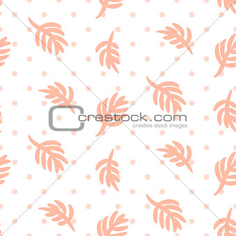 Pink palm leaves on polka dot white seamless vector pattern.