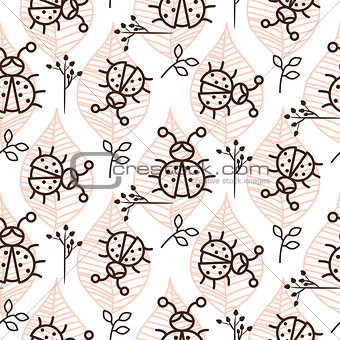 Ladybug and line pink leaves on white seamless vector pattern.