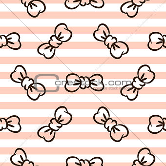 Bowknots on striped pink and white seamless vector pattern.