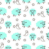 Sleepy sheeps infant seamless vector pattern with stars and moon dream.