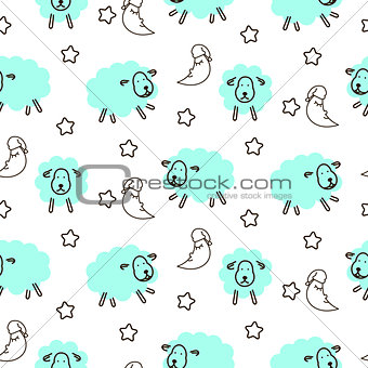 Sleepy sheeps infant seamless vector pattern with stars and moon dream.