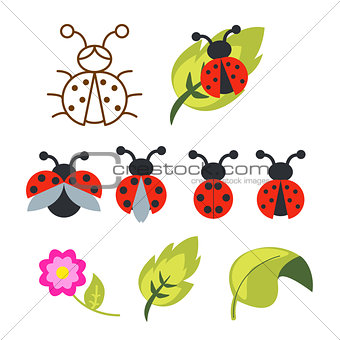 Ladybug clipart set with green leaves and outline bug.