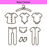 Baby clothes vector line icons.