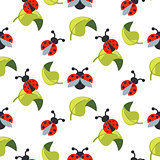 Cute cartoon ladybug on green leaves seamless vector pattern.