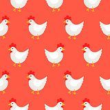 White rooster cute rural seamless vector pattern.