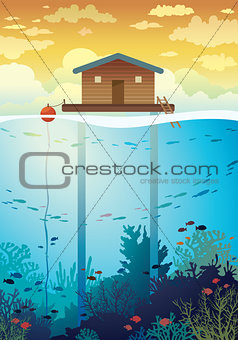 Coral farm - house on stilts and coral reef.