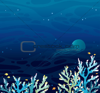 Silhouette of jellifish and coral reef. 
