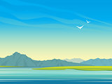 Lake, mountains and birds. Summer landscape.