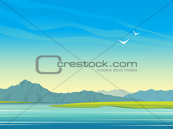 Lake, mountains and birds. Summer landscape.