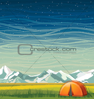 Summer night landscape and travel tent.
