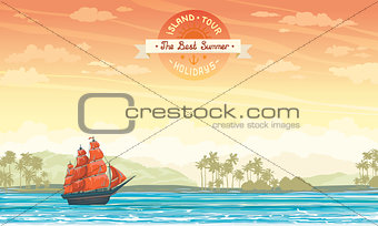 Old sailboat and island. Summer card.