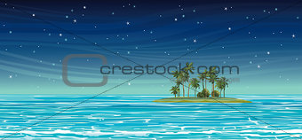 Coconat island in the sea at night. Vector seascape.