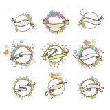 Rustic hand drawn flower elements and ribbons set. Vector floral doodles, branches, flowers, laurels and frames.