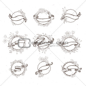 Rustic hand drawn flower elements and ribbons set. Vector floral doodles, branches, flowers, laurels and frames.