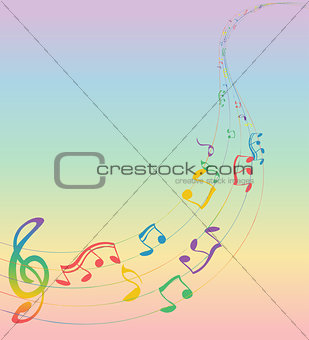 Set of musical notes on a five-line clock. Colors of rainbow. Tr
