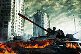 The tank in the ruins of the city. Apocalyptic landscape