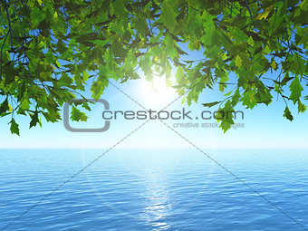 3D leaves against an ocean landscape