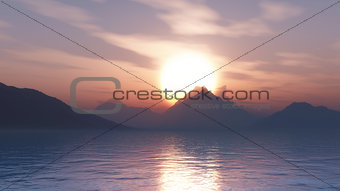 3D mountains against a sunset sky