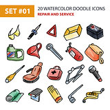 Watercolor Icons Set - Repair and Service.