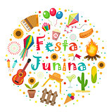 Festa Junina set of icons in a round shape. Brazilian Latin American festival collection of design elements with traditional symbols. Vector illustration.