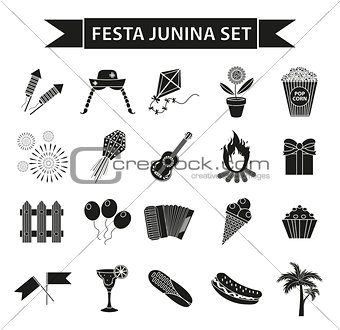 Festa Junina set icons, black silhouette style. Brazilian festival, celebration of traditional symbols. Collection of design elements, isolated on white background. Vector illustration, clip-art.