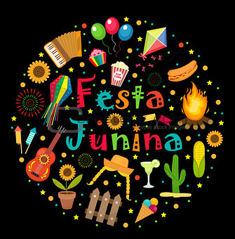Festa Junina set of icons in a round shape. Brazilian Latin American festival collection of design elements with traditional symbols. Vector illustration.
