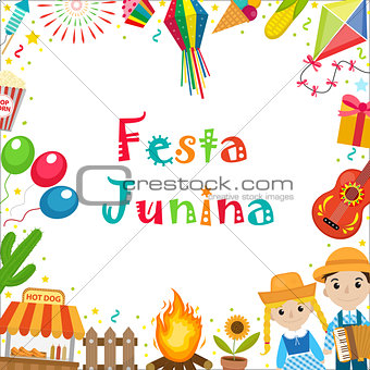 Festa Junina frame with space for text. Brazilian Latin American festival blank template for your design with traditional symbols. Vector illustration.