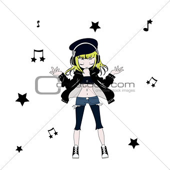 Cute cartoon anime girl with headphones is listening to music in vector