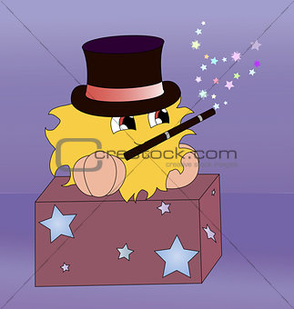 A cartoon magician on stage in a bowler hat and a magic wand