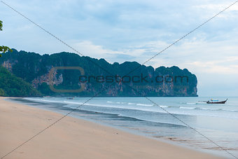 Beach krabi Thailand on a cloudy day and a view of the mountains