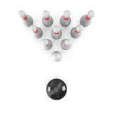 Bowling Ball crashing into the pins on white background. 3D rendering